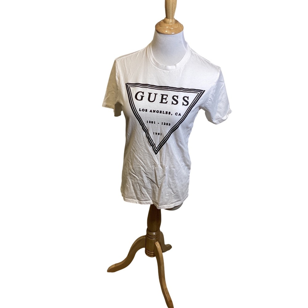 GUESS Women White Triangle Logo Graphic T Shirt Short Sleeve Casual Top